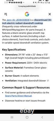 Jenn Air 30 Electric Cooktop JED8430BDB 4-Burner With Downdraft Vent Radiant